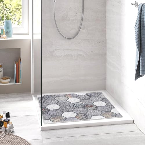 Image of Square Shower Mat Non Slip: 36 x 36 Inch Extra Large Shower Mats with Drain Hole in Middle - PVC Loofah Anti Slip Shower Floor Matt for Inside Shower