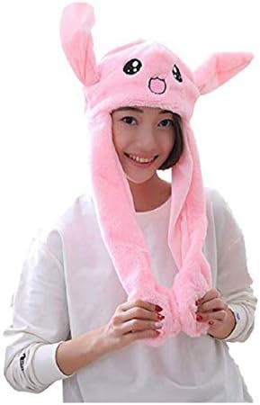 Happy Island Plush Moving Rabbit Ear Hat Dancing Bunny Ears Pinching Ear to Move Vertically Cartoon Animal Plush Toys (Pink)