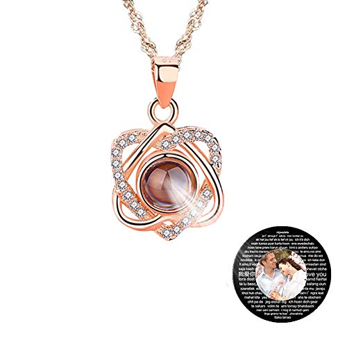 a266XDKSJK Personalized Customized Photo Necklace, 925 Sterling Silver Projection Necklace in 100 Different Languages (Rose Gold Full Color 16)