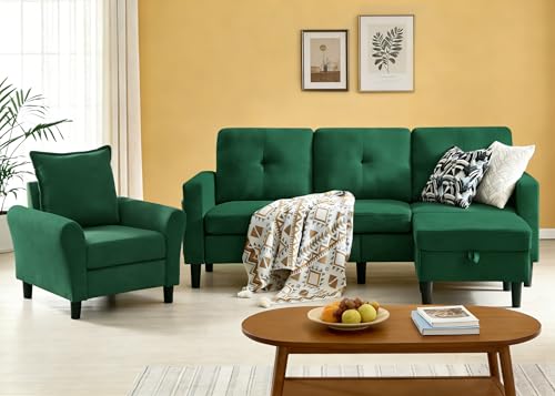 Pingliang Home 2PCS Sectional Couch Set, 3 Seat Sofa and Chair Set with Side Pockets & Movable Storage Ottoman, Modern Convertible Fabric Corner Lliving Room/Office Sofa Set (3+1Seat/Green)