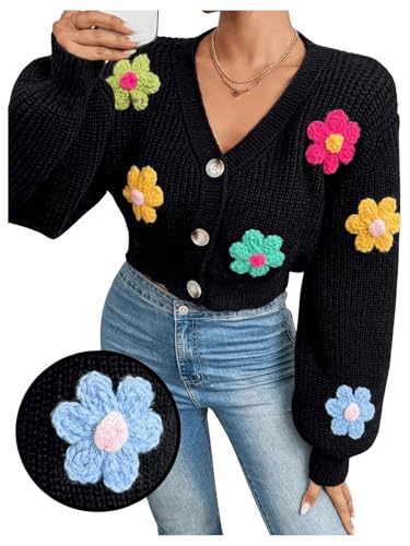 SHENHE Women's Button Down Lantern Sleeve V Neck Knitted Cropped Flower Cardigan Sweater3