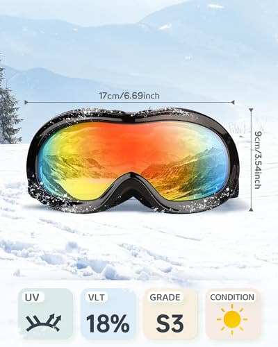 VELAZZIO Kids Ski Goggles, Snowboard Goggles OTG Snow Goggles Anti-Fog Double-Layer Lenses, 100% UV Protection (Black Frame/Grey Lens with REVO Red Coating (VLT 18%))