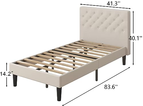 Hombck Twin Bed Frame, Upholstered Bed Frane Twin With Button Tufted Headboard, Linen Fabric Modern Bed Frame, Sturdy Wood Slat Support, No Box Spring Needed, Beige #TOP1