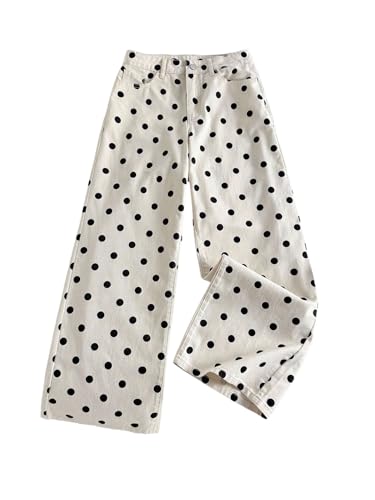 MakeMeChic Women's Polka Dots Straight Leg Jeans Vintage Denim Pants with Pocket Black and White 27