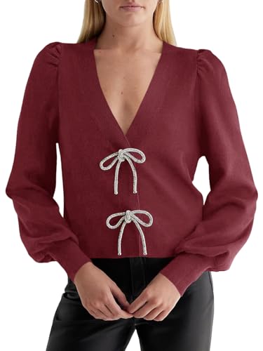 Image of Saodimallsu Womens Bow Button Front Cardigan Sweaters V Neck Cropped Knit Sweater