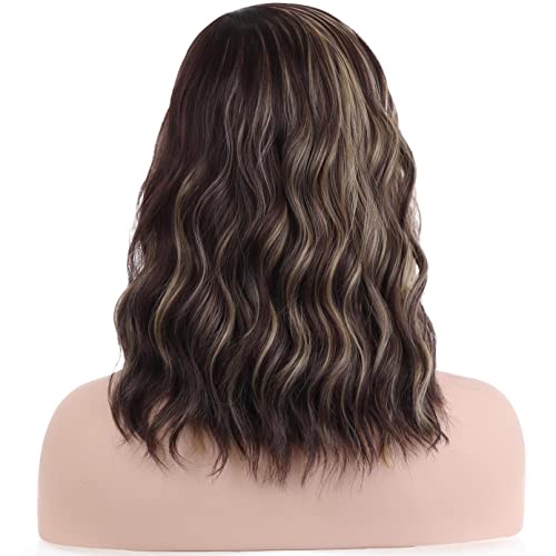 Image of BERON 14 inch Women Brown Blonde Wigs Girls Short Curly Bob Wavy Wig Brown Highlights Body Wave Halloween Cosplay Daily Party Wigs