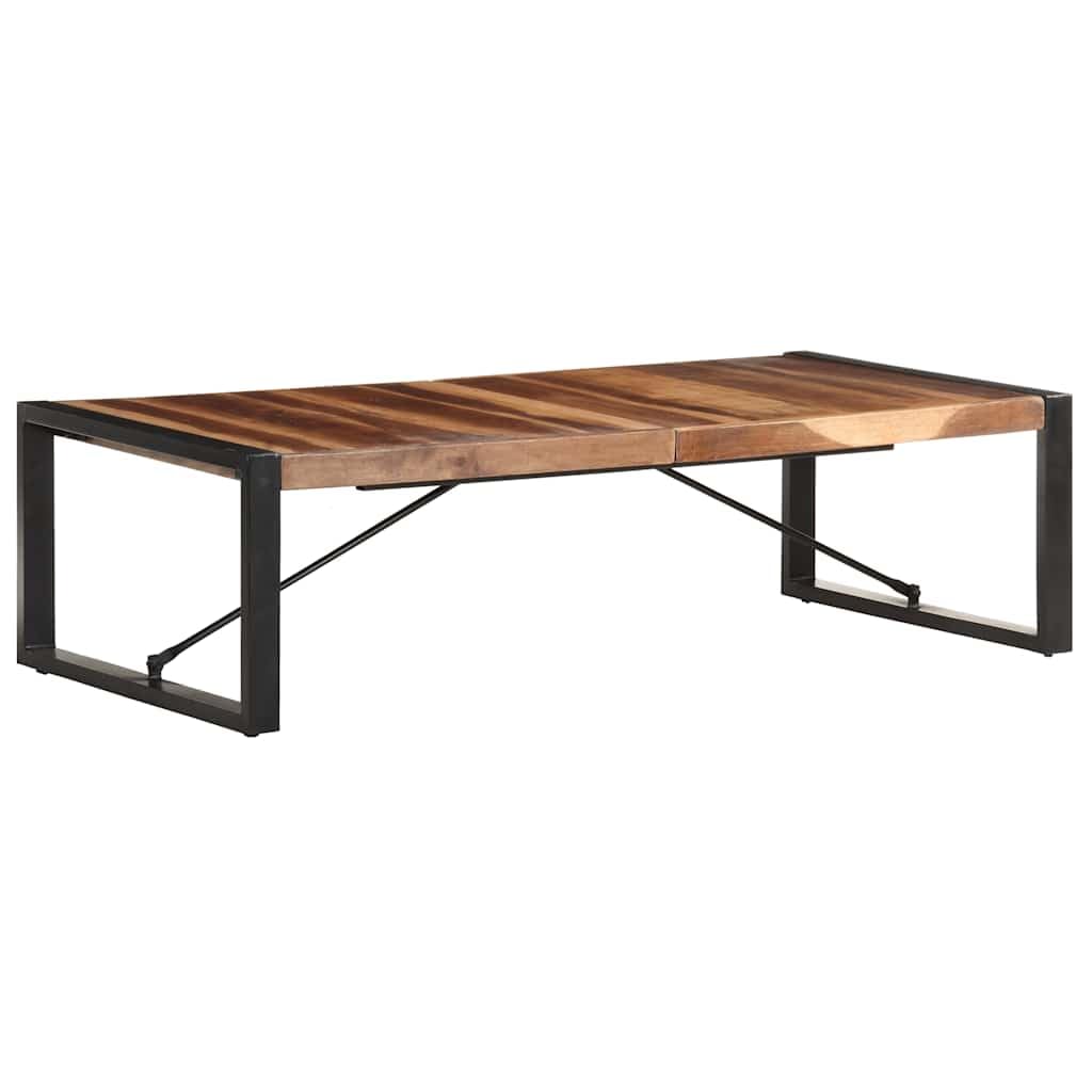 Mesa de centro industrial de 140 x 70 x 40 cm de madera maciza de acacia y madera de caucho, patas de acero con recubrimiento en polvo para mayor estabilidad, grano de madera natural, pieza