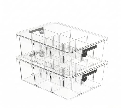 Socks Bra Underwear Drawer Organizer for Closet, 2 PCS Plastic Storage Box with 9 Removable Compartments and Lid, Clear Dresser Drawer Organizer Storage Container with Dividers for Sock Ties Belts