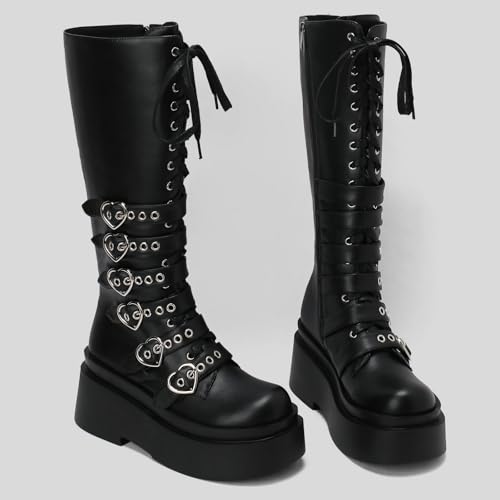 Image of Parisuit Women's Knee High Goth Platform Boots Lace Up Combat Boots | Chunky High Heel, Buckle Boots, Punk Chain Boots
