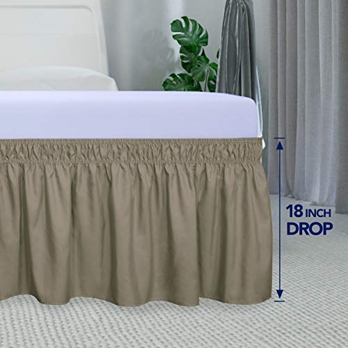 PureFit Wrap Around Ruffled Bed Skirt with Adjustable Elastic Belt - 18 Inch Drop Easy to Put On, Wrinkle Free Bedskirt Dust Ruffles, Bed Frame Cover for Twin,Twin XL and Full Size Beds, Sand