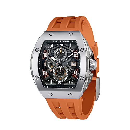 TSAR BOMBA Watches For Men - Chronograph Japanese Movement Sapphire Glass - 50M Waterproof Men's Watch - Square Tonneau Wrist Watches Silicone Band Luminous Calendar Luxury Gifts for Men