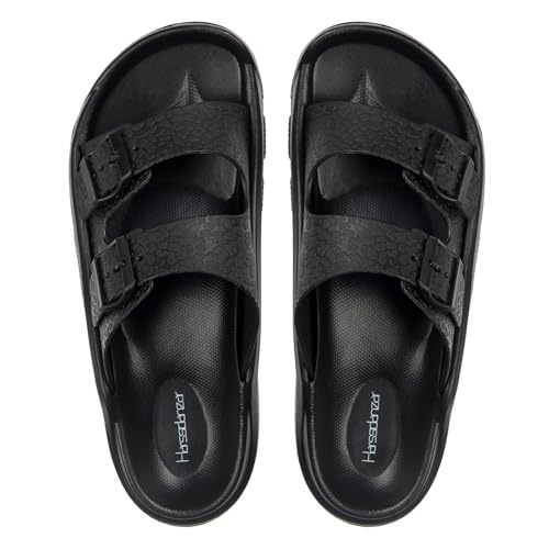 Harssidanzar Mens Slides Sandals Double Buckle Adjustable Slides EVA Flat Sandals KM243US2