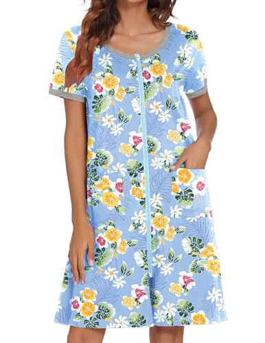 Image of Ekouaer Women Zipper Front House Coat Short Sleeves Robe Zip Up Bathrobes Short Nightgown with Pockets S-3XL
