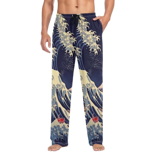 Lounge Pajama Pants for Men Japanese Sea Wave Men's Sleep Bottoms Pants with Drawstring, S4