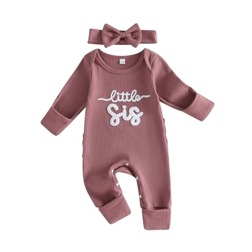Image of allshope Infant Baby Girl Fall Outfit Sweatshirt Romper Daddy Little Girl Embroidery Jumpsuit Bodysuit Newborn Waffle Clothes