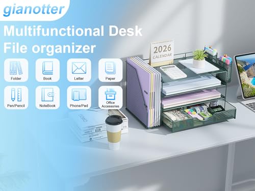 Image of gianotter 4-Tier Desk Organizer with Drawers, File Holders, Letter Trays and Pen Holders - Workspace Accessories for Office Supplies (Green)