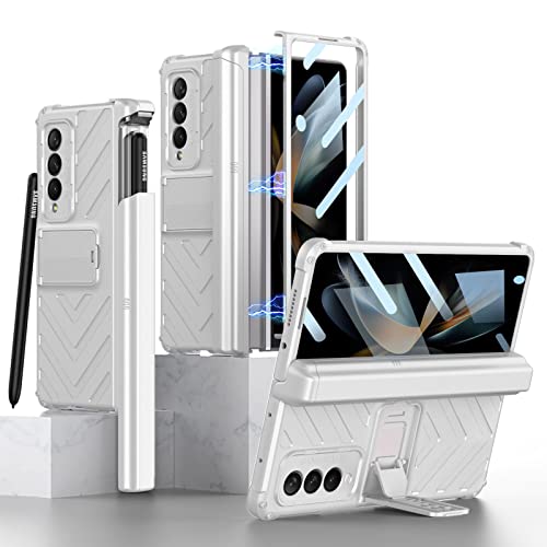 HJCMikee Hinge Protection Series - Carcasa para Samsung Galaxy Z Fold 4 5G (2022), diseño de protector de pantalla integrado y soporte para lápiz S, color plateado Cover
