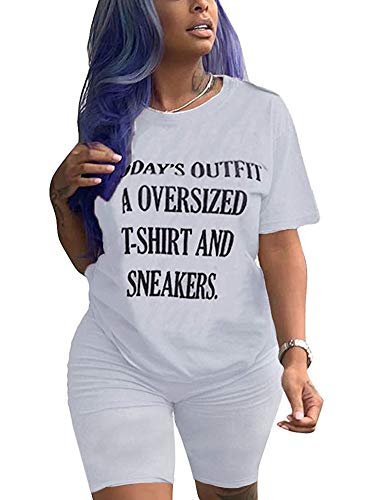 Womens Casual 2 Piece Outfits Sexy Letter Print Short Sleeve T-shirts Bodycon Short Pants Tracksuit Set Grey XXL