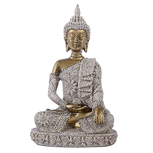 ANCLLO The Hue Sandstone Meditation Buddha Statue Sculpture Hand Carved Figurine Golden #8133