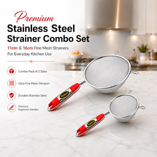 Image of Kanshita's Rasoiware Strainer Combo Set 11cm & 16cm - Stainless Steel Juice & Soup Strainers, Fine Mesh Sieve for Smooth Filtering, Kitchen Strainer Set for Home Use