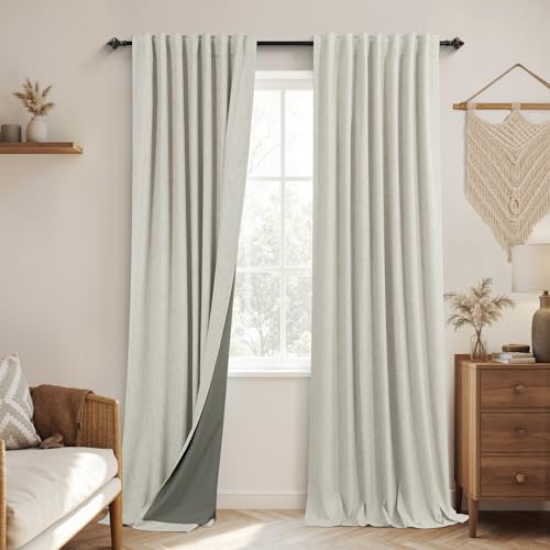 Image of KOUFALL Vintage Boho Natural Linen Blackout Curtains,Neutral Oatmeal Color Window Treatments Burlap Curtains Farmhouse for Bedroom Living Room 2 Panels