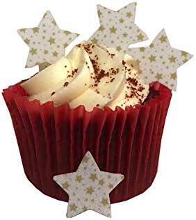 50 Precut Edible Wafer Paper Gold Star Patterned Mini Stars Cake Toppers - Perfect for Christmas Cupcakes or Table Decorations