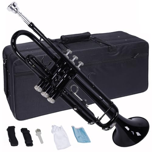 Trumpet Bb Trumpet Adjustable Trumpet Brass Metal Trumpet Gloves Set for Beginner, Student Trumpet Instrument with Mouthpiece, Case, Mouth of Trumpet and Gloves (Black)