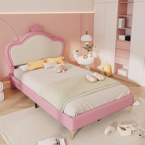 Zepneiy Letto per bambini imbottito 90 x 200 cm, testiera con corona, bordi di protezione morbidi, gambe in metallo,...