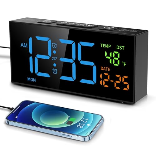 Image of Alarm Clocks Bedside, Loud Alarm Clock with Temperature and Date, 10 Alarm Tones, 4 Volumes, Dual Alarm, Snooze, 5 Dimmer, Manual DST, USB Charger, Calendar Clock for Bedroom Living Room Elderly