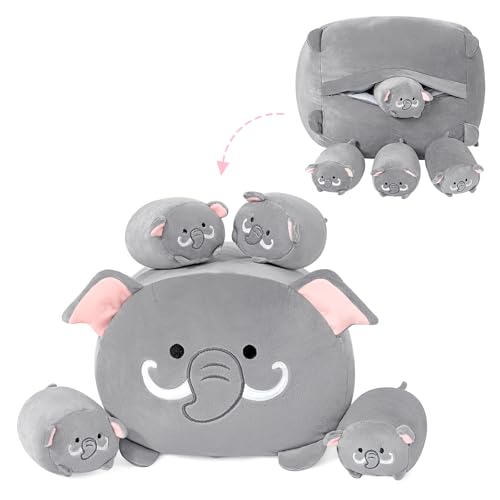 PEACH CAT Elephant Stuffed Animals 1 Mommy 15.7' Plushies with 4 Cute Babies Inside, 5 Pieces Plush Toys Set Gifts for Kids Grey