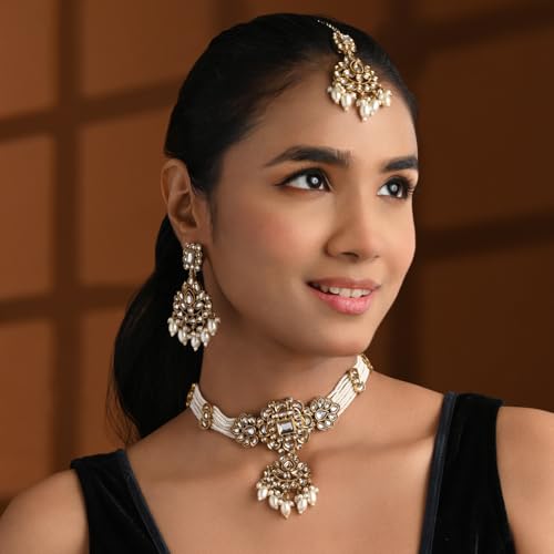 Image of I Jewels Traditional Kundan & Pearl Necklace Jewellery With Earrings & Maang Tikka Set For Women