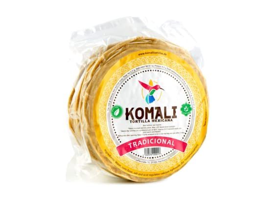 Tortilla Made of nixtamalized cornmeal, Diameter 15cm, Country of Origin EU, Pack 500g with 15-20 Units - Tortilla KOMALI Tradicional Amarilla, D.15cm, 500g