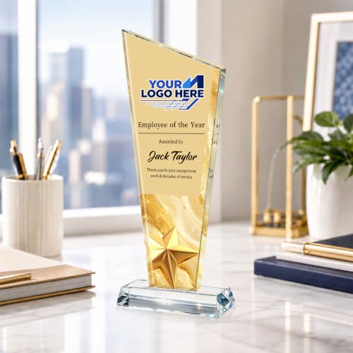 Image of Custom Crystal Trophy Award Personalized Plaque Award with Text Logo Photo Awards Trophies for Employee Recognition Team Graduation Personalized Office Gifts for Boss Coworker Teacher