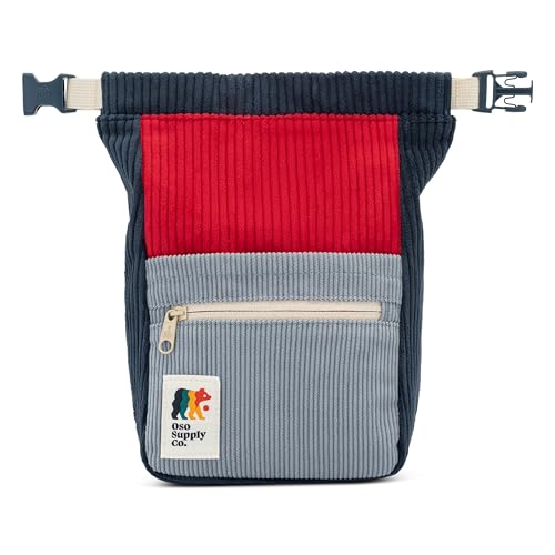 Oso Supply Co - Retro Corduroy Bouldering Bucket, Large Size Freestanding Chalk Bag for Rock Climbing, Magnetic Roll Down Closure, Dual Brush Loops, Zippered Pockets and Pouch (Steel Blue and Red)