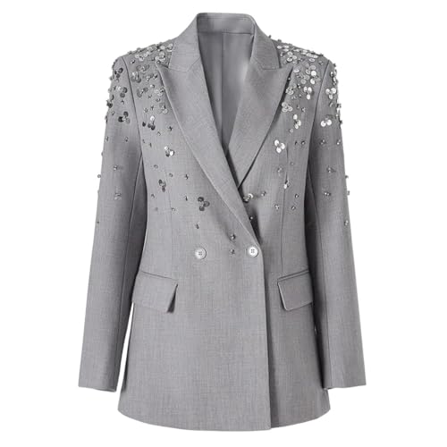 Women Nail Bead Notched Collar Long Sleeve Double Breasted Loose