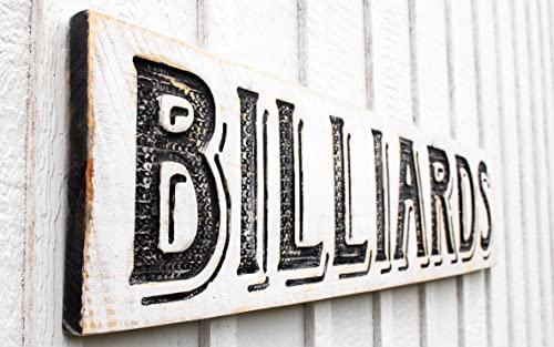 Billiards Sign Horizontal - Carved in a 48"x10" Solid Wood Board Rustic Distressed Shop Advertisement Farmhouse Style Wooden Nostalgia Billiards Cue Sports Pool Hall Bar