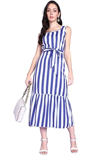 Image of POPWINGS Women Casual Blue & White Stripe Long Belt Dress Dress | Stylish Dress | Trendy Dress