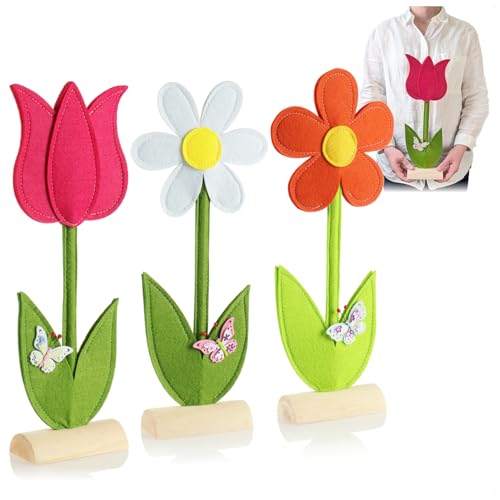 com-four® 3X Deko Aufsteller für Ostern und Frühling - Niedliche Filz-Blumen - Osterdeko zum Hinstellen - Osterdekoration aus Holz und Filz (Blume - 3 Stück)