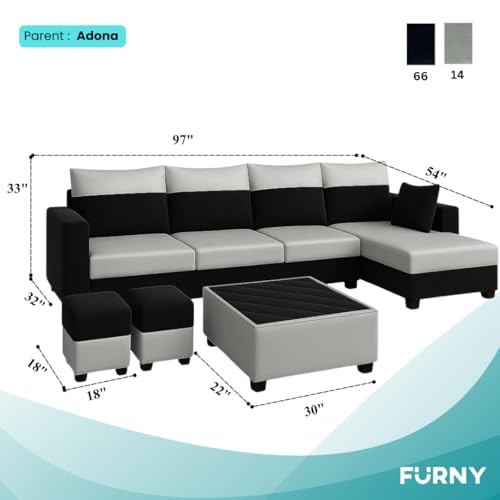 Image of FURNY Arissa 8 Seater Fabric RHS L Shape Sofa Set with 1 Centre Table & 2 Puffies (Light Grey-Black) Premium Velvet Finish | Ideal of Living Room