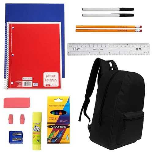 17 Inch Bulk Backpacks in Black Color with 18 Piece Student Supplies Kits - Pens, Pencils, Crayons, and More, Wholesale Case of 6 Value Bundle Packs