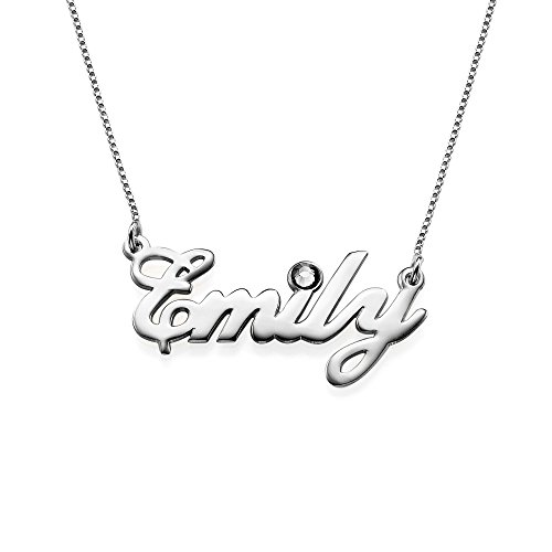 MyNameNecklace Personalized Name Necklace Made with Swarovski Birthstone -Custom Made Precious Metals Sterling Silver 925 & Gold Plating Jewelry Mother Day Gift for Women (Sterling Silver 925)