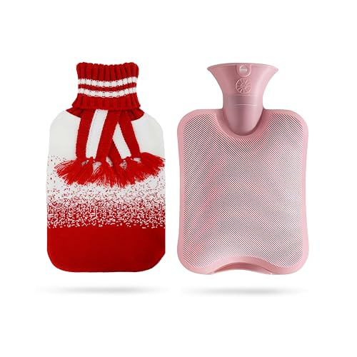 suitmine Hot Water Bottle PVC 2L Leak-Proof with Removable Soft Knitted Cover for Pain Relief Hot and Cold Therapy,Hands Feet Abdomen and Neck Warmer,White-red