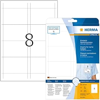HERMA 9012 Tabliczki z nazwiskiem na ubrania, perforowane, 25 arkuszy, 90 x 60 mm, 8 sztuk w arkuszu A4, 200 naklejek, samoprzylepne, do zadrukowania, nieklejące się kartki z kartonu, białe