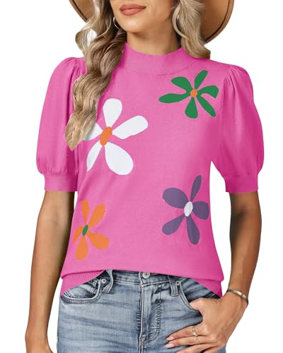 Womens Knit Floral Sweater Cute Short Puff Sleeve Top Clothes