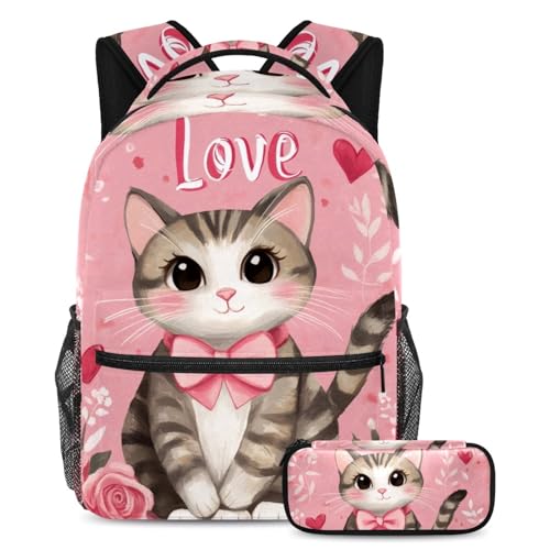 Sac à dos rose chat grande capacité 2 pièces avec trousse pour ranger les grands cahiers