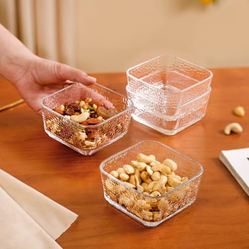 Image of Nestasia Square Glass Bowls Set of 4 (300 ml Each) | Transparent Hammer - Textured Katori for Dessert & Ice Cream | Microwave & Dishwasher Safe Snack Bowls - Perfect for Gifting