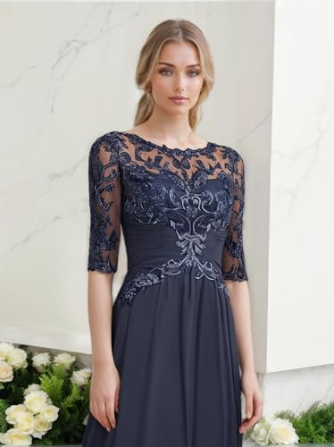 Tea Length Mother of The Bride Dresses with Sleeves for Wedding Lace Chiffon Formal Dresses4