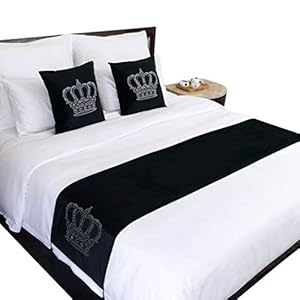 JK Home Samt-Läufer mit Heißbohrung, Krone, Bettläufer, Schal für Schlafzimmer, Hotel, Hochzeit, schwarz, 45 x 240 cm