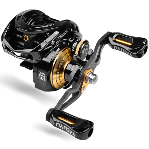 Baitcast-Angelrolle – 100 Größe 7,3:1 Übersetzung, Geschwindigkeitsspule, Casting Baitcast-Rollen – 6 + 1 BB Kohlefaser-Drag magnetisches Bremssystem Low Profile Bass Angeln Baitcast-Rollen TB100L