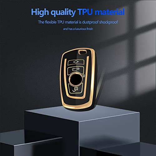 Yhc For Bmw Key Fob Cover Shell Case Fit Bmw X1 X2 X3 X5 X6 X7 And Series 1 2 3 4 5 6 7 8 With Gold Key Chain (A-Black) #TOP3